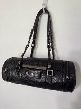 Charles David Black Leather Snakeskin Embossed Barrel Shoulder Bag